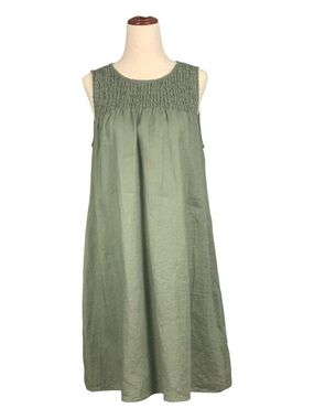C&C California 100% Linen Smocked Green Sleeveless Sun Dress Scandi Girl Small